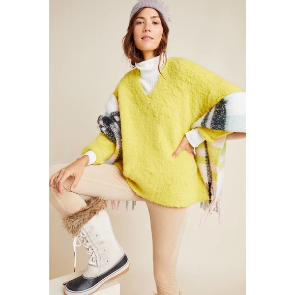 Anthropologie Sweaters - Anthropologie Simone Merino Wool Bright Yellow Fuzzy V Neck Sweater